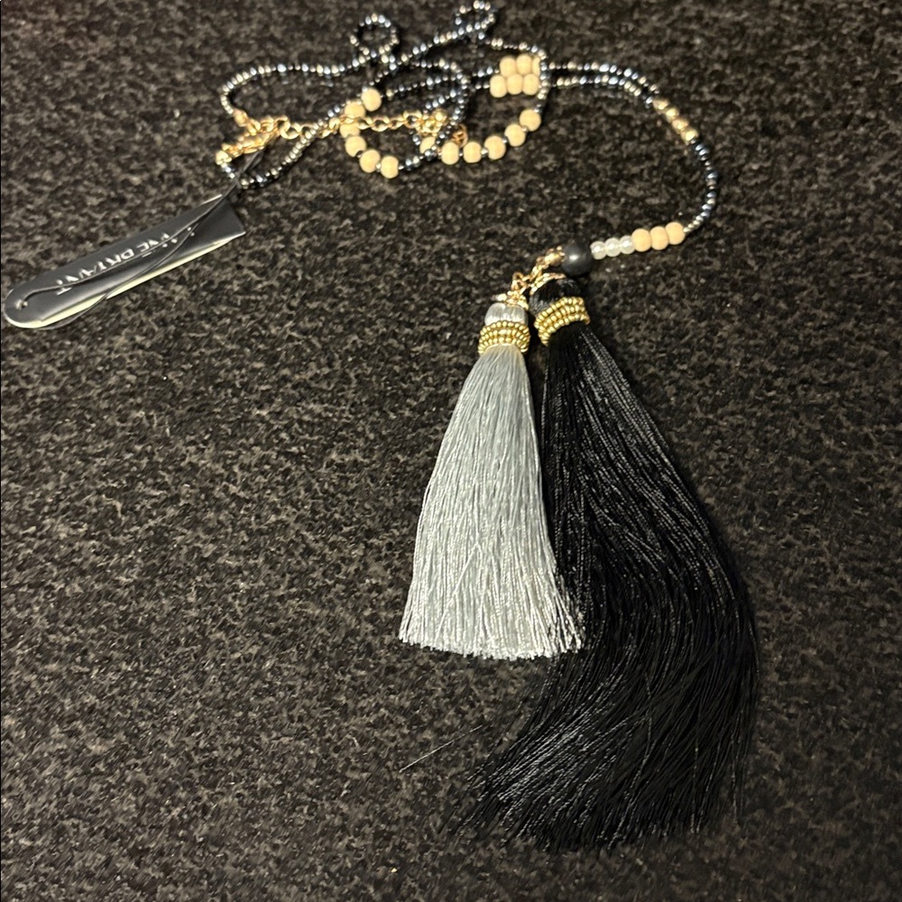 Lane Bryant Black and Cream Beaded Necklace with Tassels